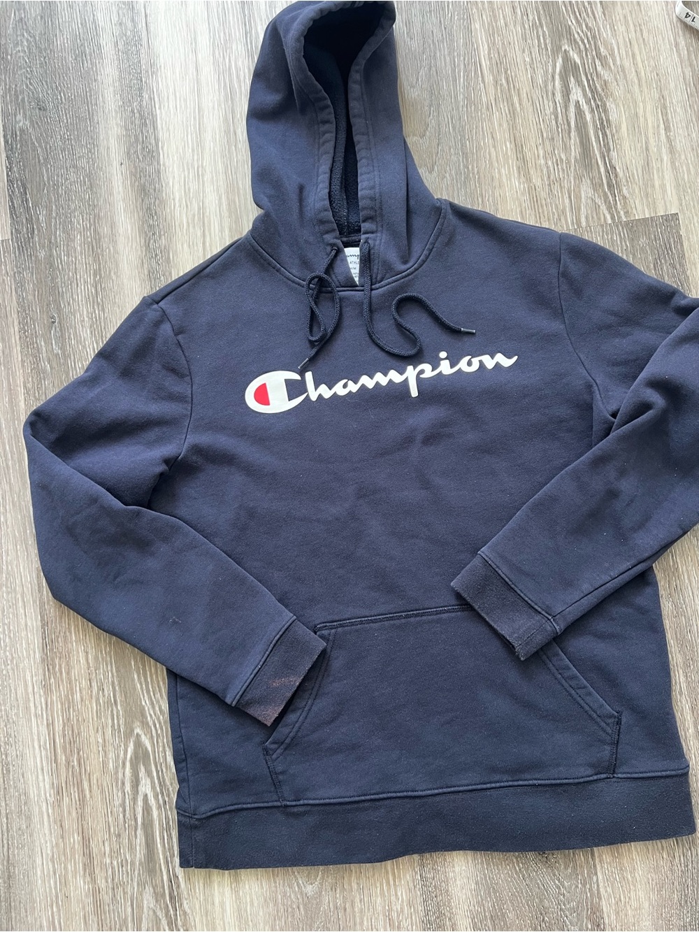 Champion Navy Pullover Hoodie with Script Logo